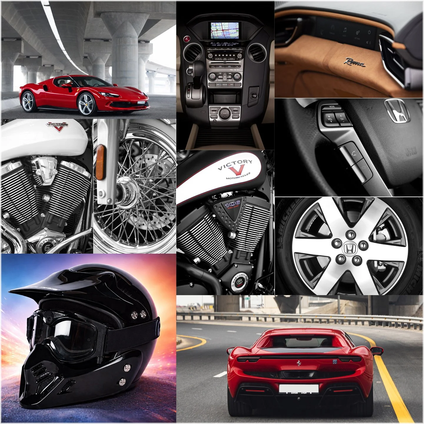 Collage of automotive vehicles and accessories, including a red sports car, a motorcycle with Victory branding, a motorcycle helmet, a motorcycle engine, car dashboard, car steering wheel, car rim, and a rear view of a red Ferrari on a curved road.