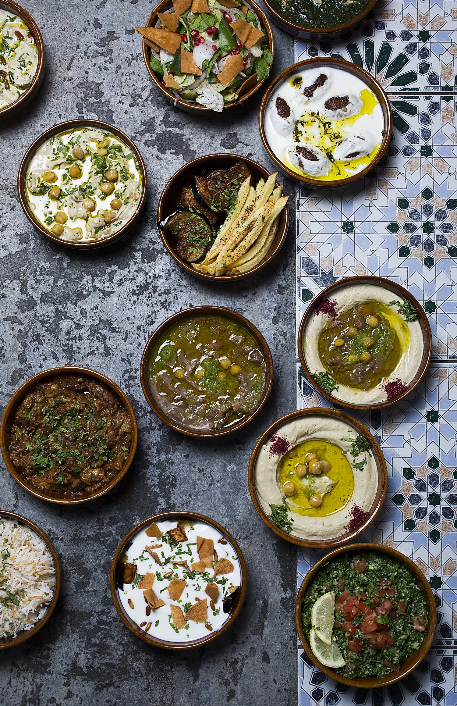Assorted Middle Eastern dips and salads