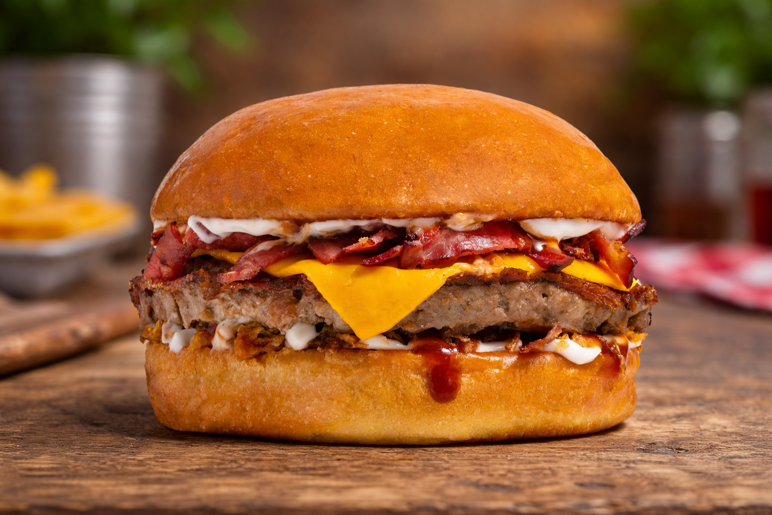 Close-up of a bacon cheeseburger on a bun with condiments on a wooden surface.