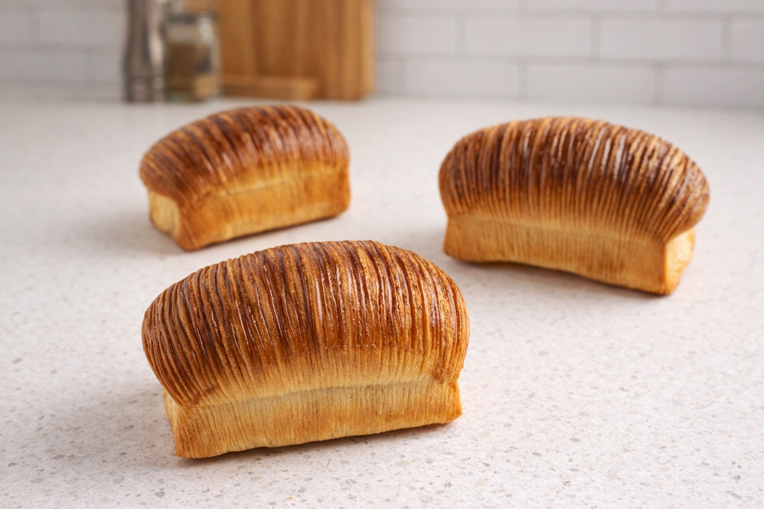 Three toasted croissants arranged on a white countertop with a blurred wooden cutting board and kitchen spices in the background.