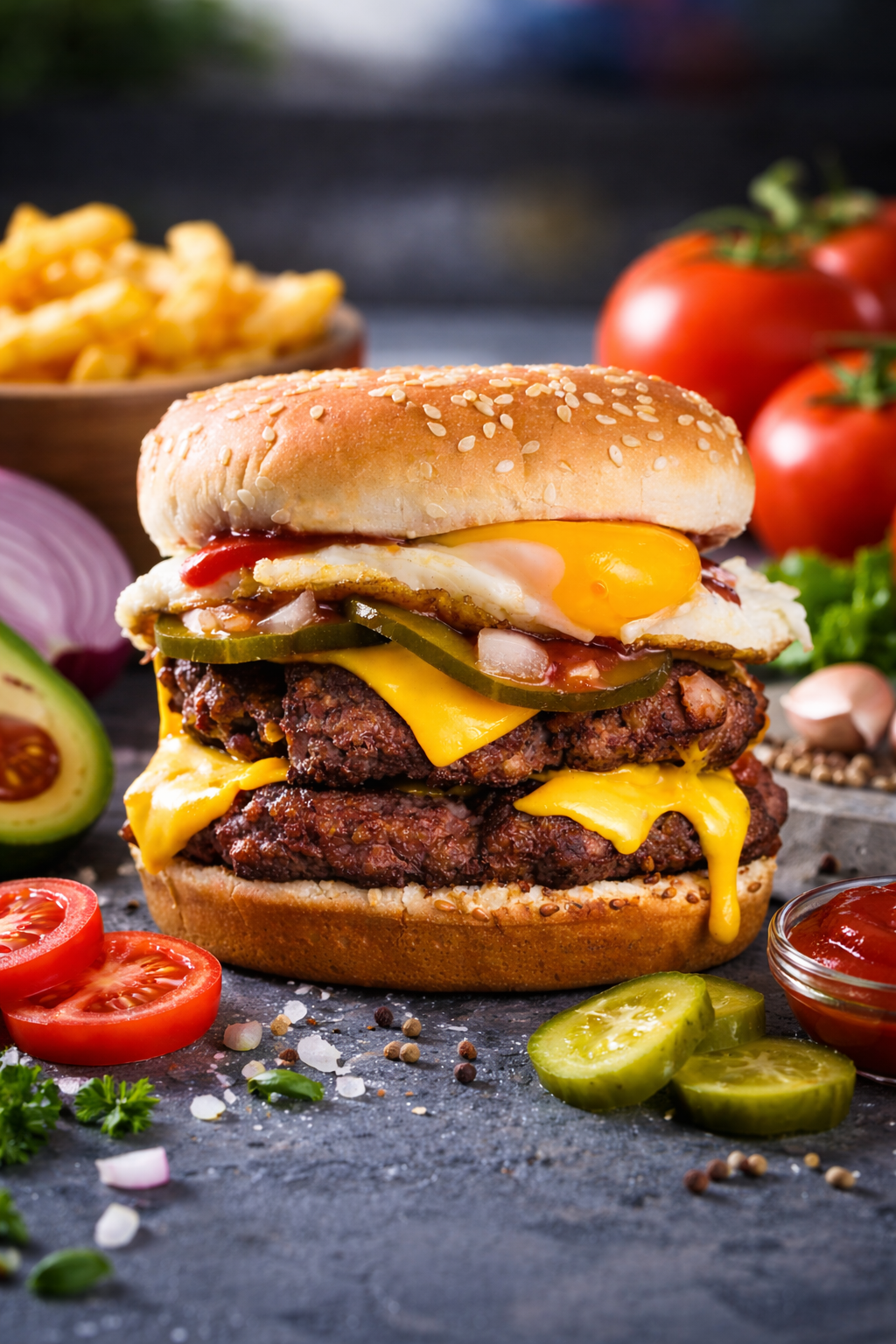 egg and beef gourmet burger 