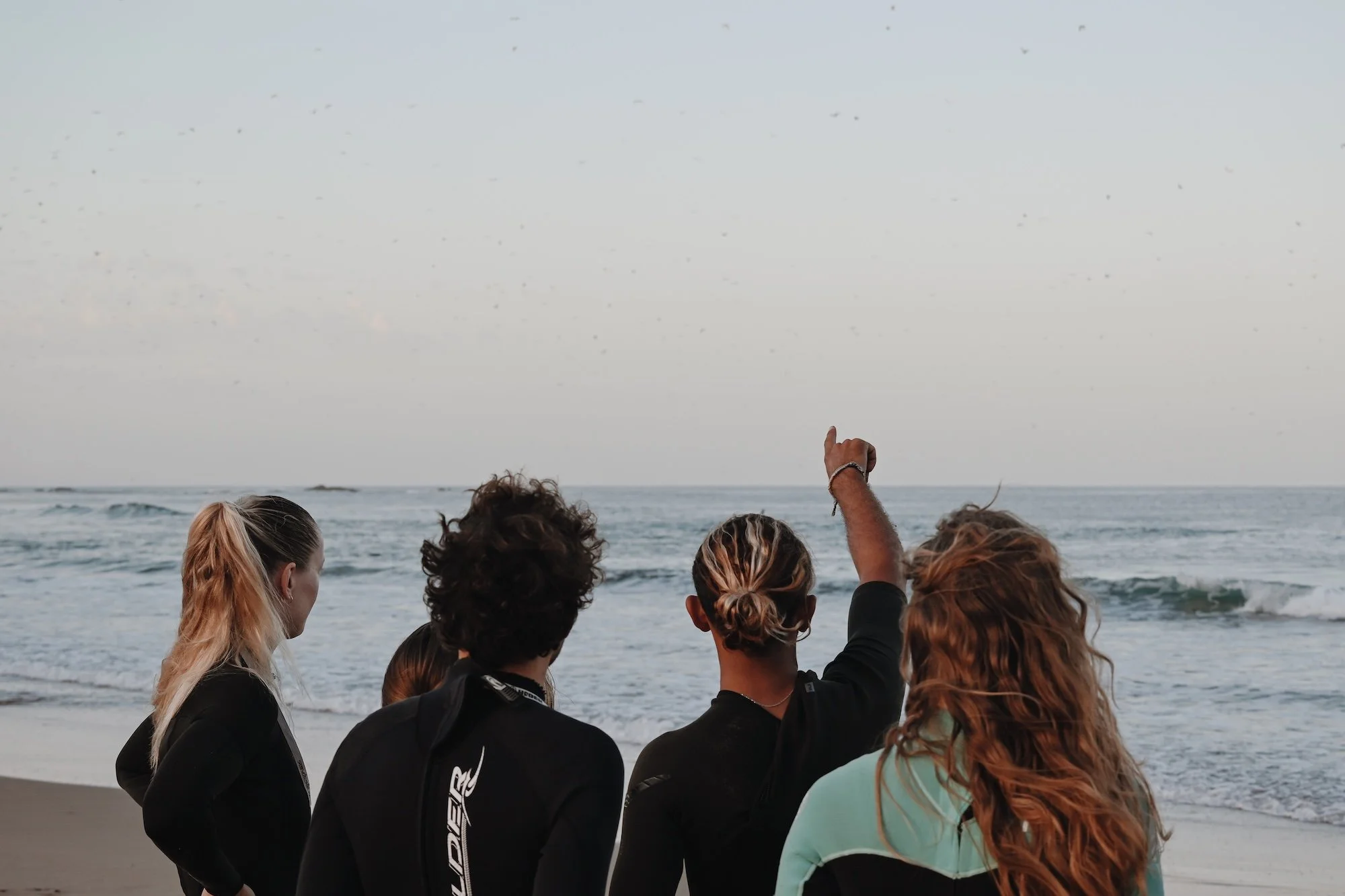 A group of five people standing on a beach, facing the ocean, one person raising their hand.