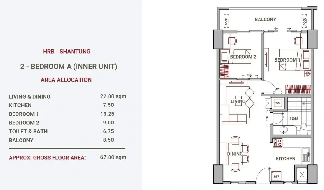 Floor plan of a two-bedroom apartment with a balcony, living and dining area, kitchen, two bedrooms, a bathroom, and a balcony. The plan includes room sizes and layout.