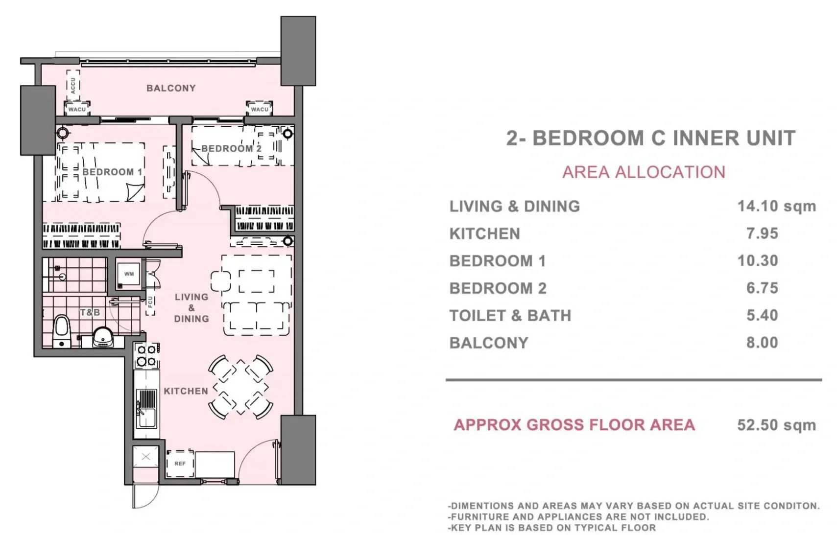 Floor plan of a 2-bedroom inner unit apartment showing layout of living and dining area, kitchen, two bedrooms, toilet and bath, and balcony, with area measurements.