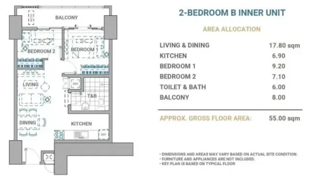 Floor plan of a 2-bedroom inner unit apartment showing living and dining area, kitchen, two bedrooms, toilet and bath, and balconies, with area measurements.