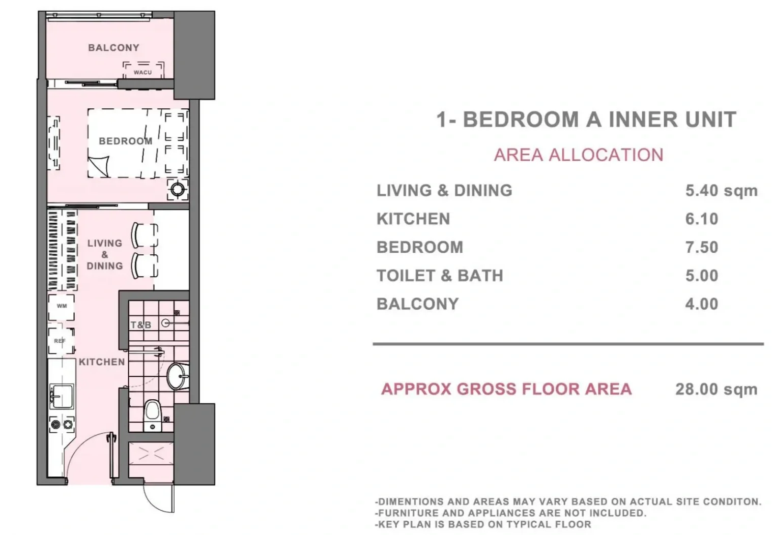 Floor plan of a one-bedroom inner unit apartment showing living area, kitchen, bedroom, bathroom, and balcony with an area allocation list and total gross floor area of 28 square meters.