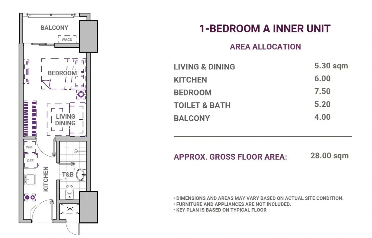 Floor plan of a one-bedroom inner unit apartment, showing a kitchen, bathroom, living and dining area, bedroom, balcony, and labeled areas with dimensions.