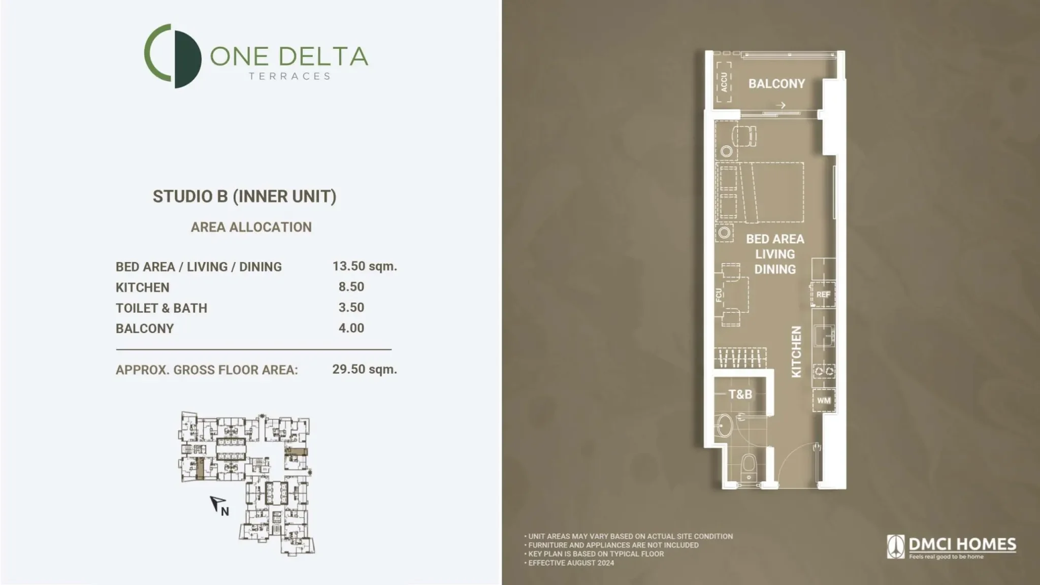 Floor plan of Studio B layout with labeled areas including bed, living, dining, kitchen, toilet, bath, balcony, and mechanical units, along with area specifications and a site map.