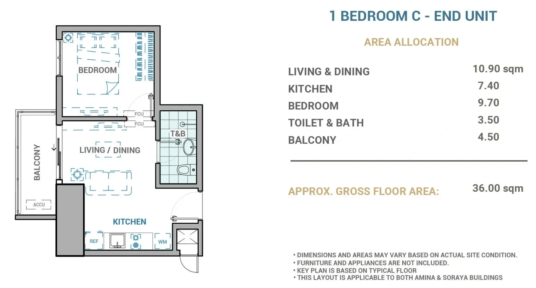 Floor plan of a one-bedroom end unit apartment, including a living and dining area, kitchen, bedroom, toilet and bath, balcony, and a small utility area labeled ACCU, with measurements and area allocation details.