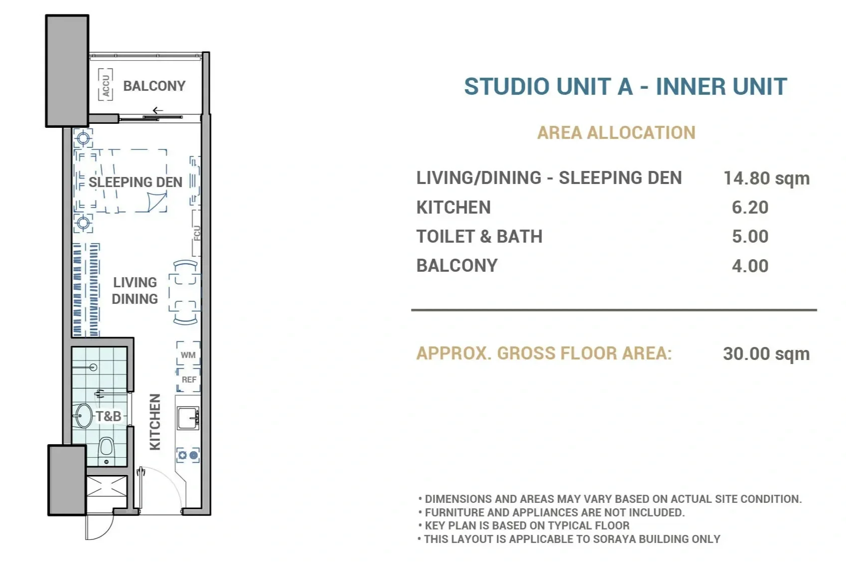 Floor plan layout of a studio apartment with labeled areas for balcony, living/dining, sleeping den, kitchen, toilet and bath, and balcony, with area measurements included.
