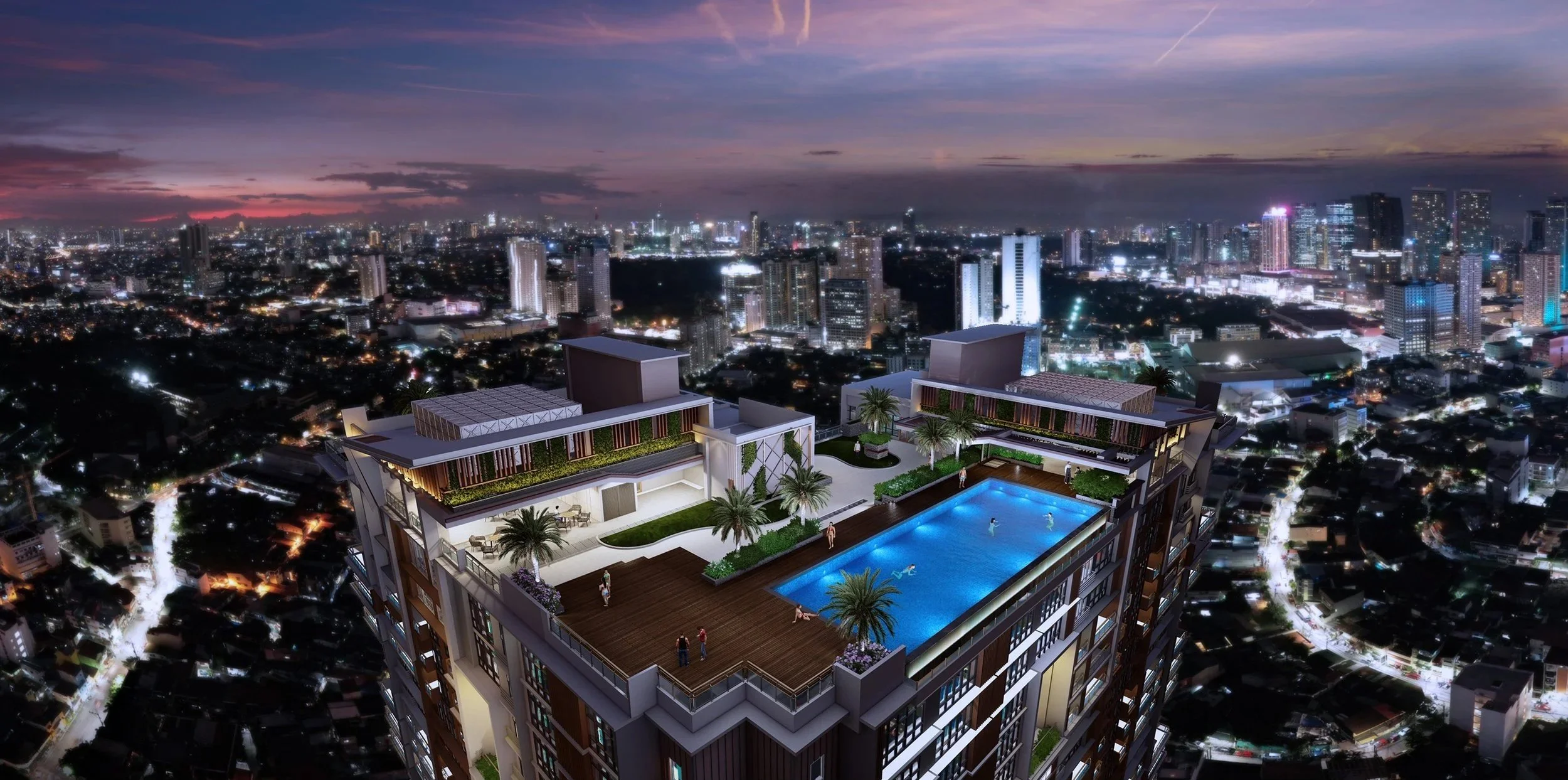 Nighttime city view with a rooftop pool and terrace on a high-rise building.