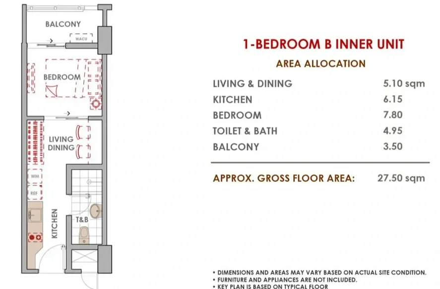 Floor plan of a one-bedroom inner unit with an area of approximately 27.5 square meters, including a living and dining area, kitchen, bedroom, toilet and bath, and a balcony.
