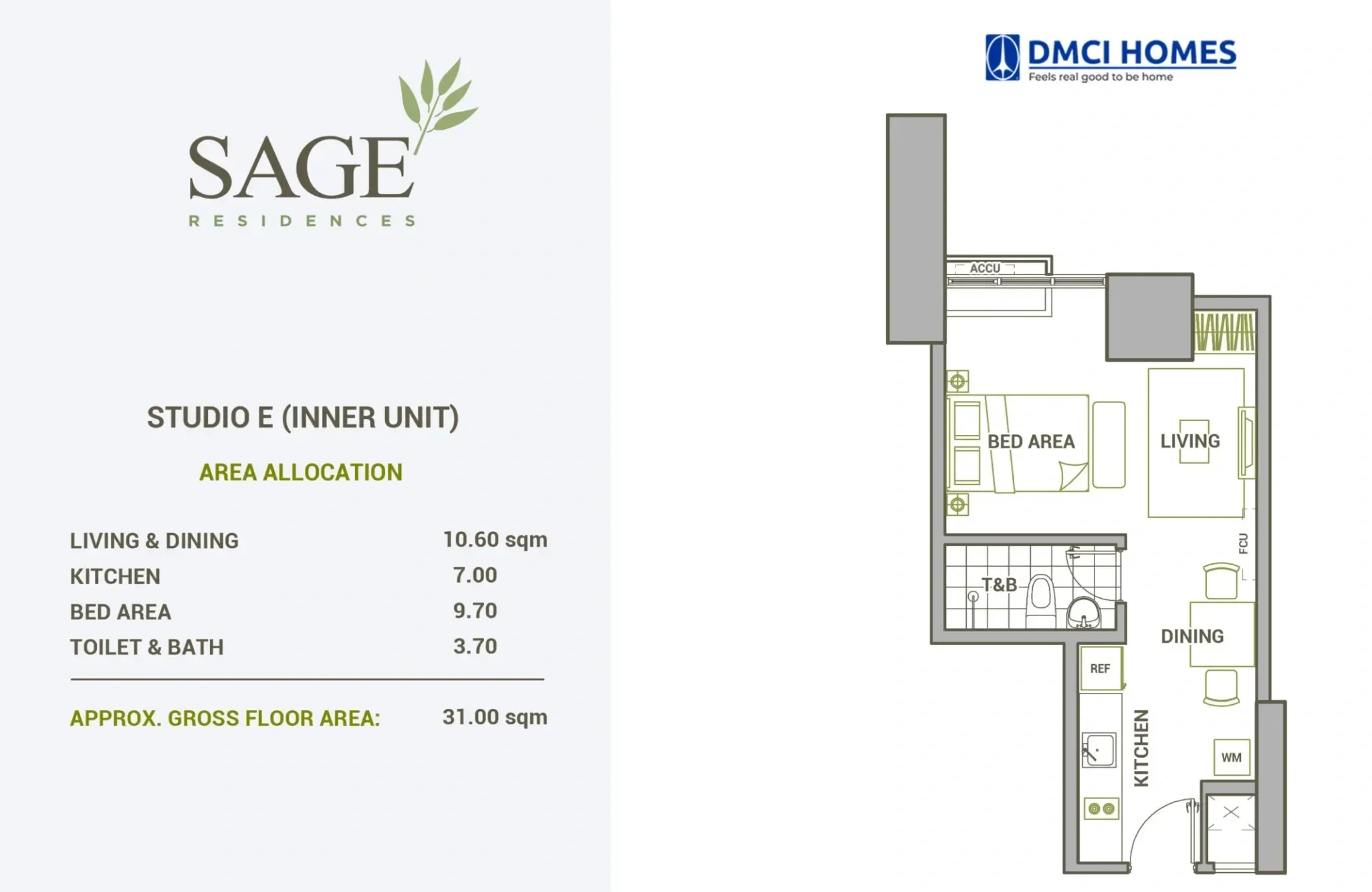 Floor plan of a studio apartment with labeled areas including living, dining, kitchen, bed area, and toilet & bath. The left side lists area allocations in square meters and the gross floor area is 31 square meters.