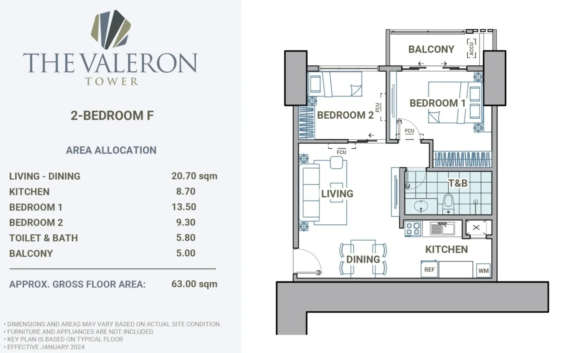 Floor plan of a two-bedroom apartment at The Valeron Tower, showing living and dining area, kitchen, two bedrooms, bathroom, and balcony, with an area allocation list and the tower's logo.