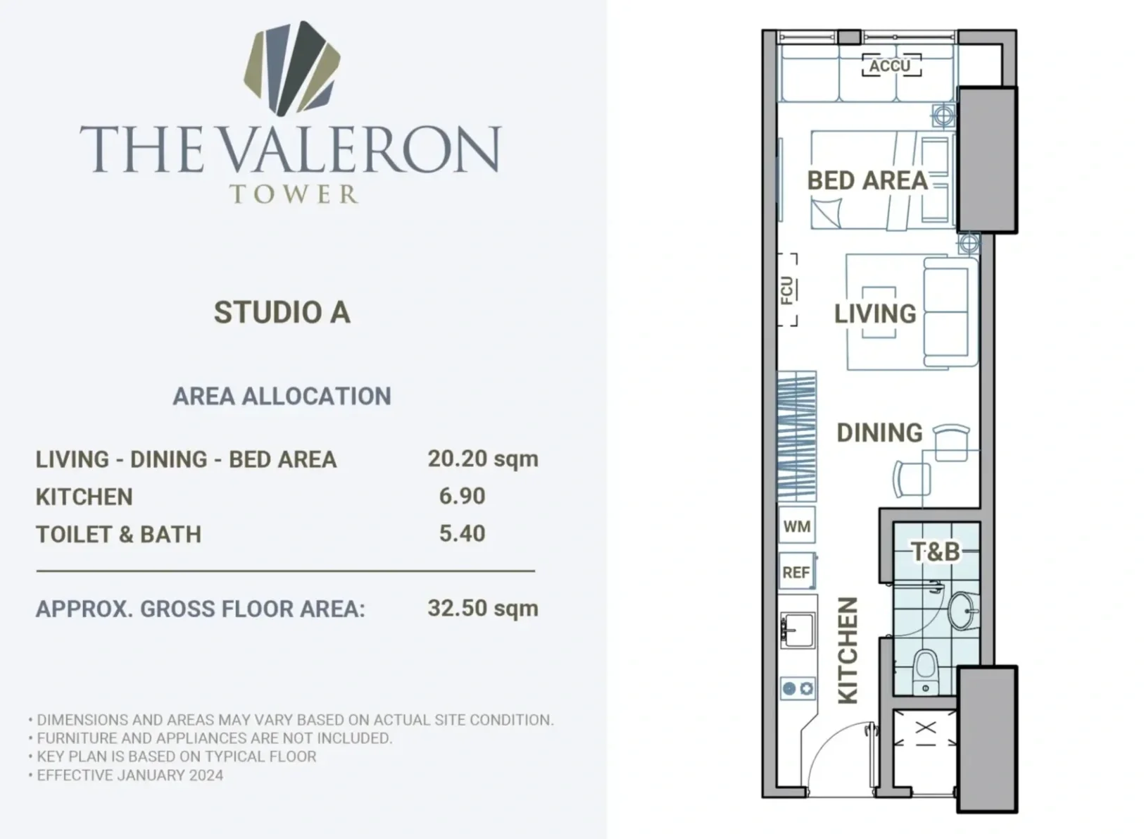 Floor plan of Studio A at The Valeron Tower, showing a layout with a kitchen, toilet and bath, living, dining, a bed area, and an ACU unit. The plan includes area allocation details and a legend for appliances.