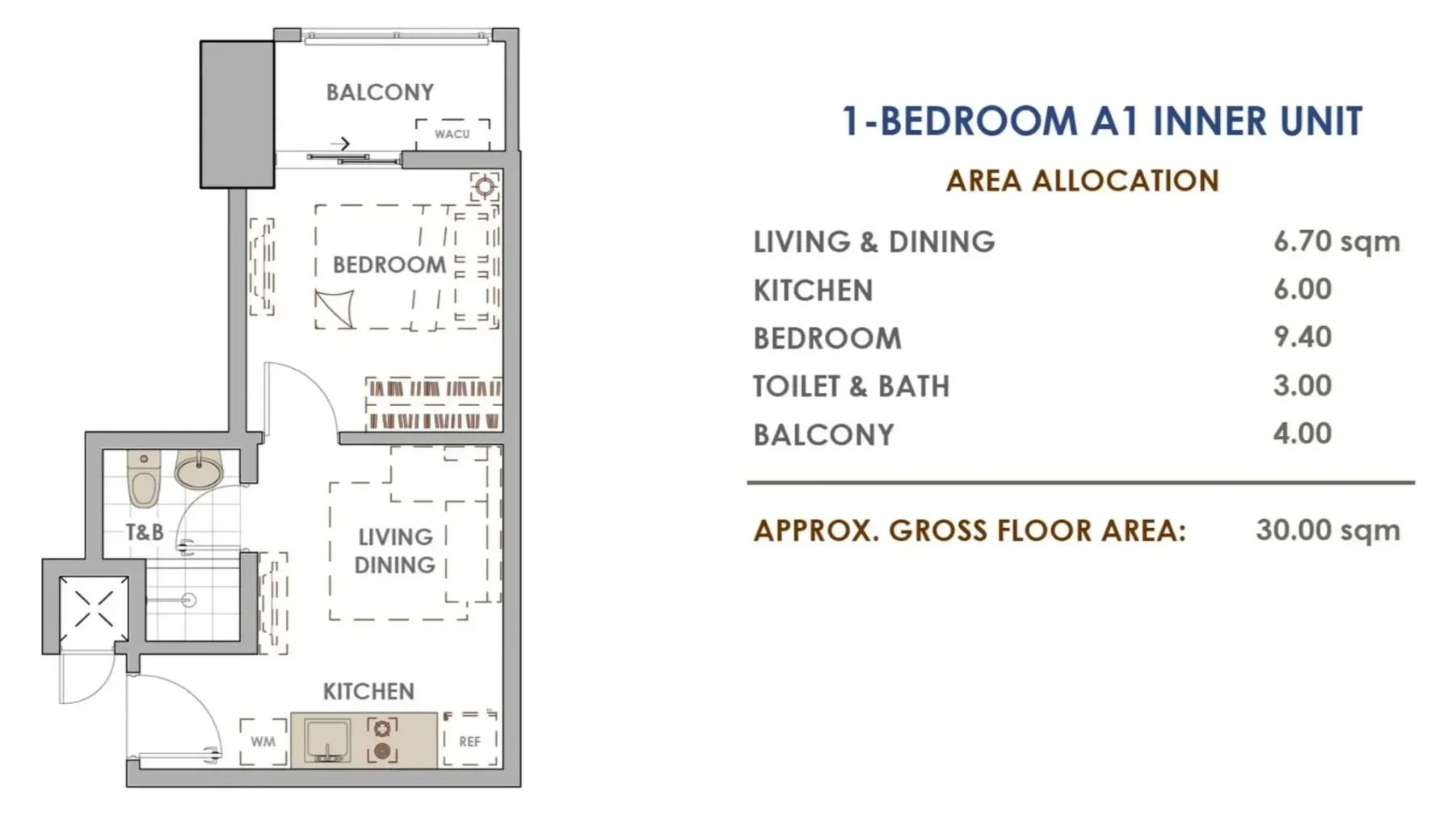 Floor plan of a 1-bedroom inner unit with a living and dining area, kitchen, bedroom, toilet and bath, and balcony, with area allocations listed.