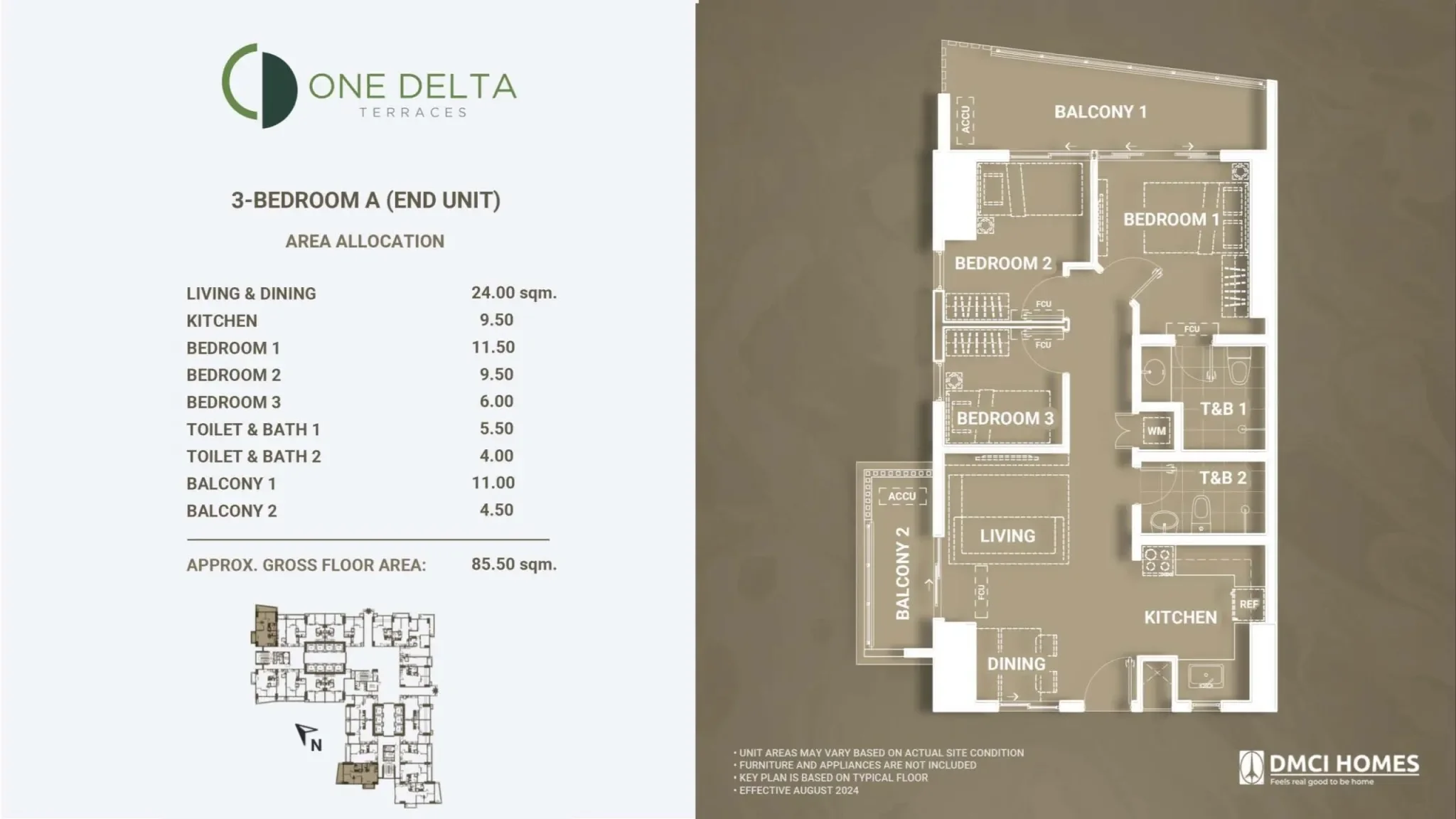 Floor plan of a three-bedroom apartment in One Delta Terraces, displaying the layout with labels for bedrooms, bathrooms, kitchen, living and dining area, and balconies. Accompanying the plan, there are specifications listing the area sizes for each room and total floor space, along with a small site map.