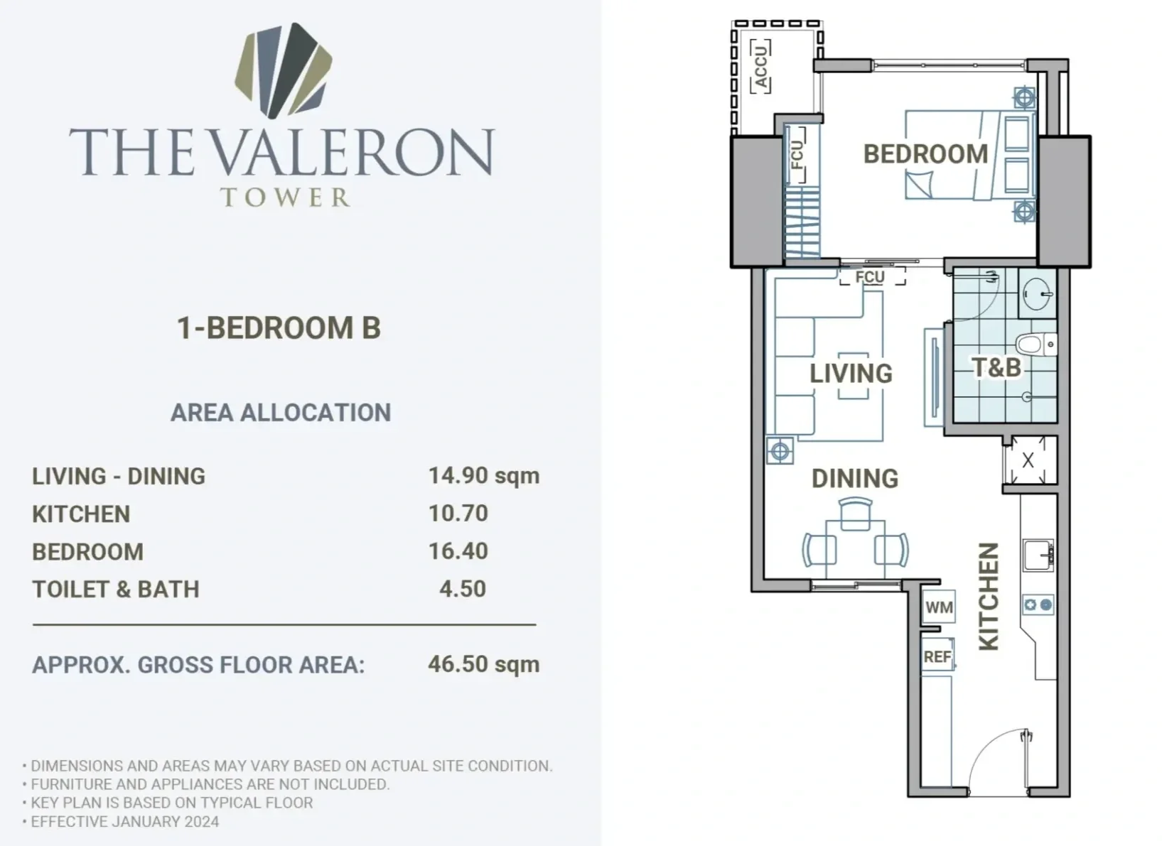Floor plan of a one-bedroom apartment in The Valeron Tower, showing a kitchen, dining area, living room, bedroom, and bathroom with labeled areas and dimensions.