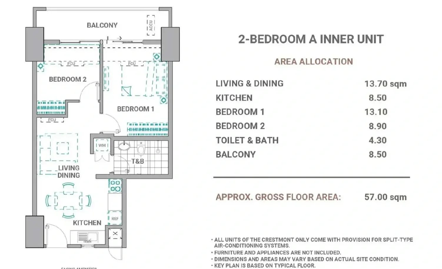 Floor plan of a 2-bedroom inner unit apartment, showing two bedrooms, living and dining area, kitchen, toilet and bath, balcony, and a staircase.