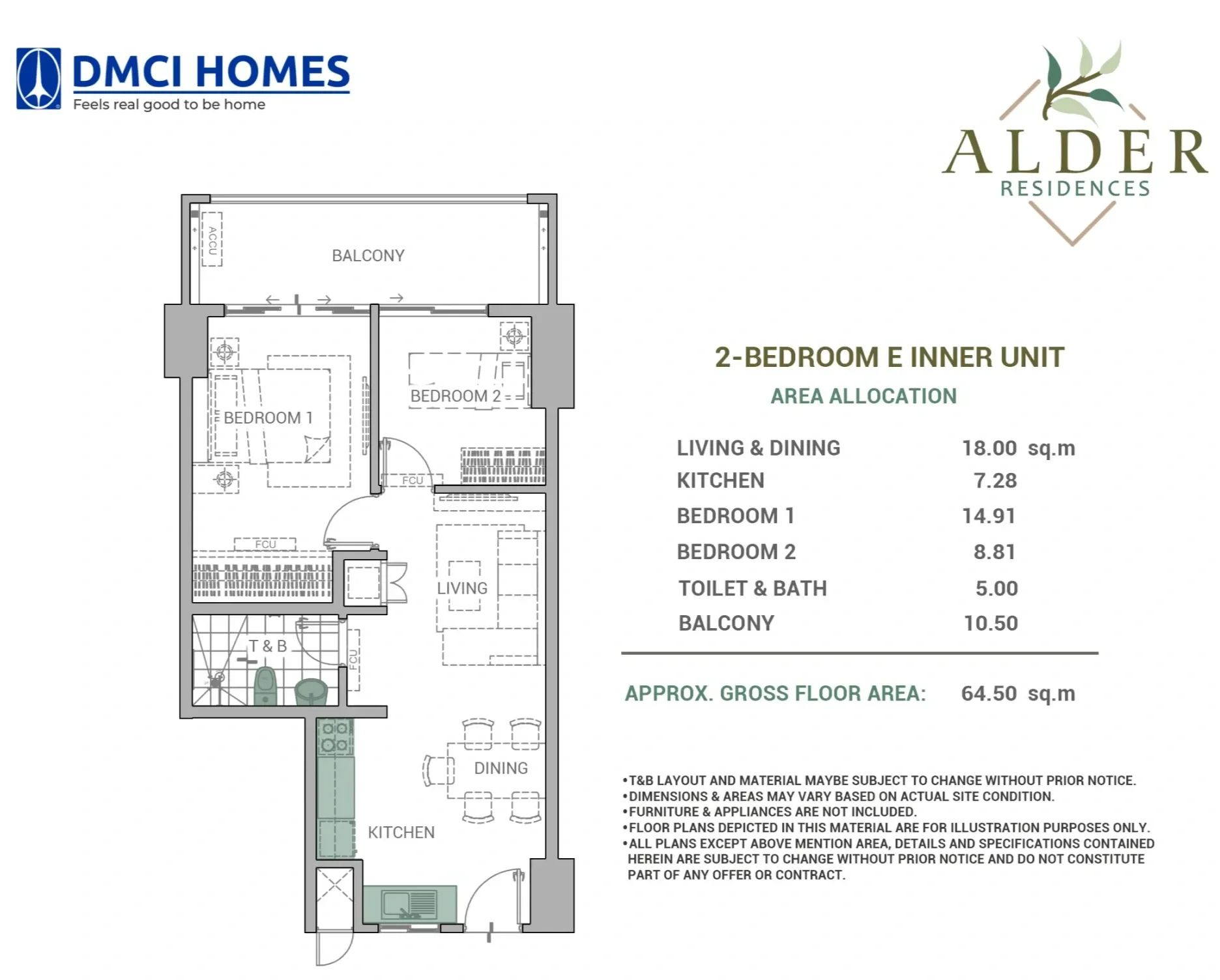 Floor plan of a 2-bedroom inner unit apartment with labeled rooms, balcony, and area allocation details