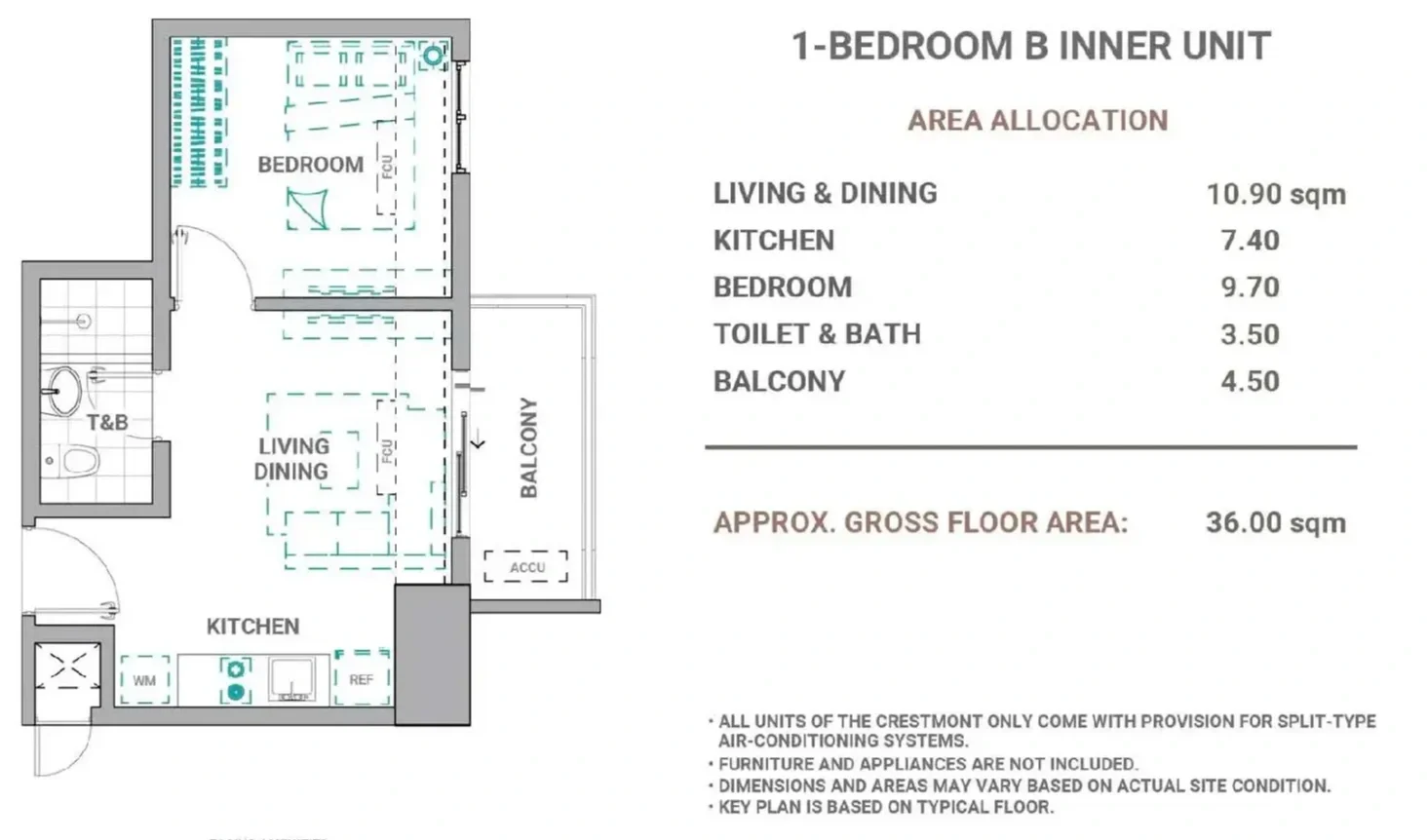 Floor plan of a 1-bedroom apartment with labeled areas including living and dining, kitchen, bedroom, toilet and bath, and balcony. The layout shows room sizes and placement of windows and doors.