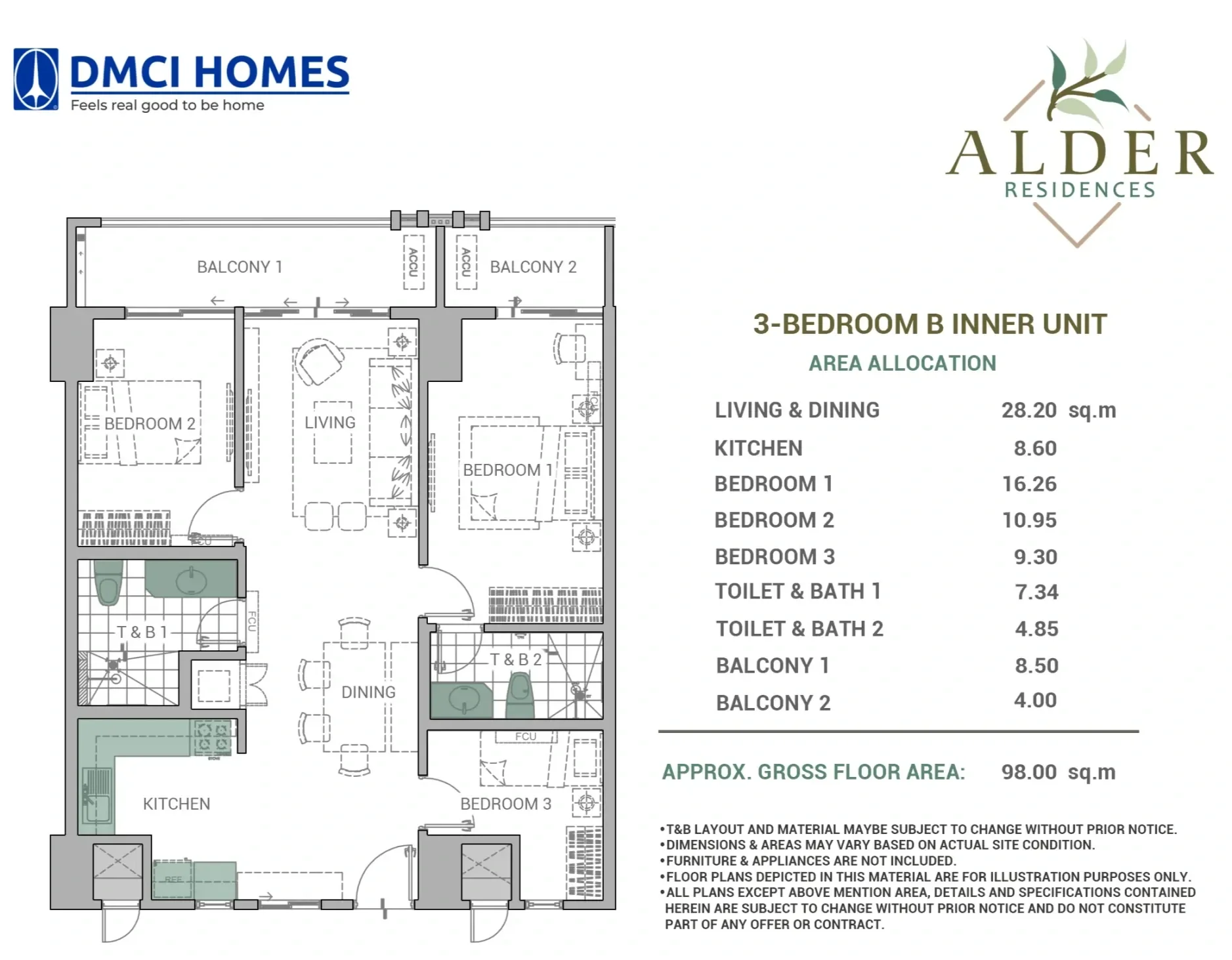 Floor plan of a 3-bedroom inner unit with labeled rooms, two balconies, and details about area allocation and features of Alder Residences.