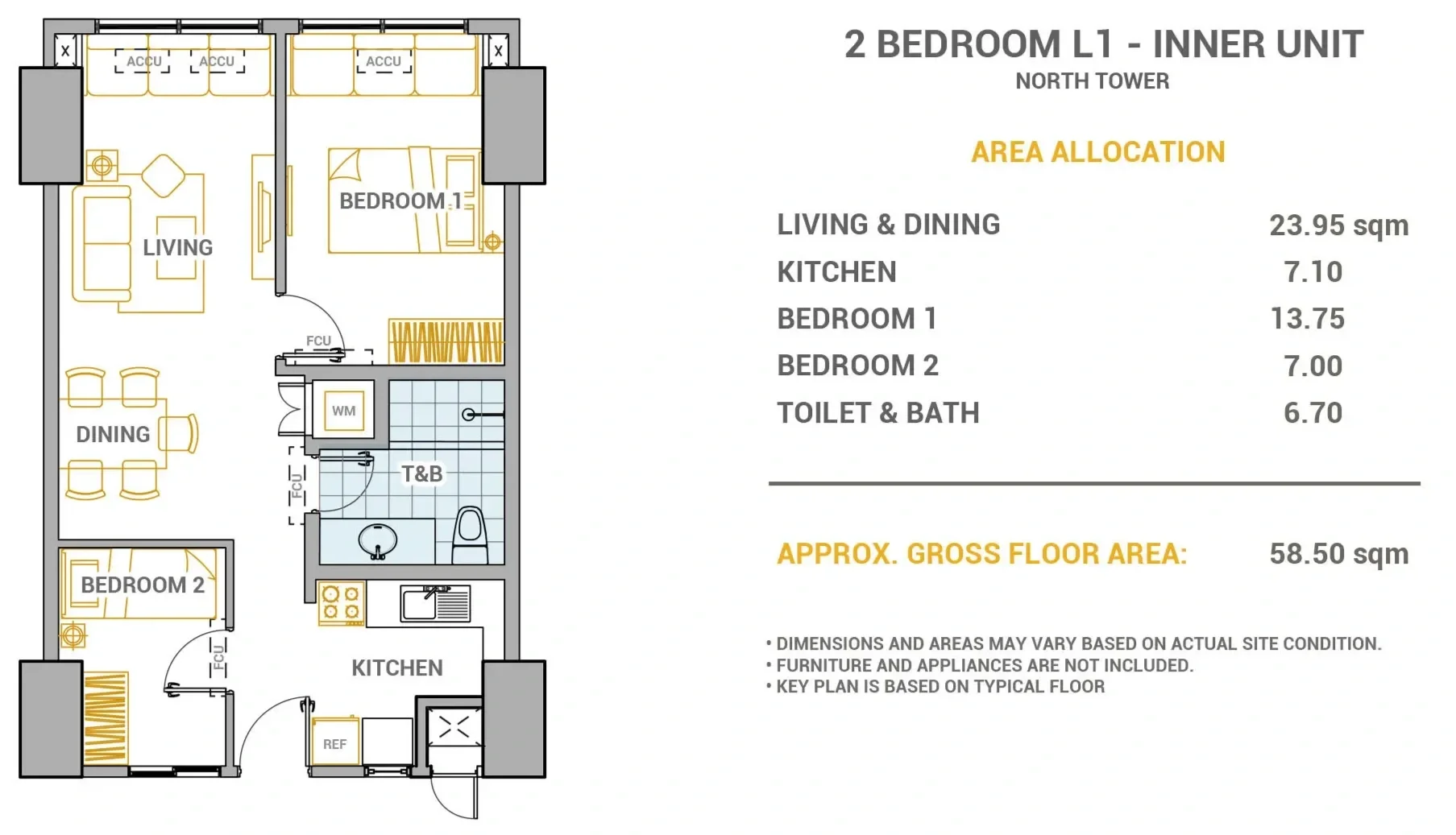 Floor plan of a 2-bedroom inner unit apartment in the North Tower. The layout includes a living and dining area, a kitchen, two bedrooms, and a combined toilet and bath. The areas and dimensions are listed along with notes that furniture and appliances are not included.