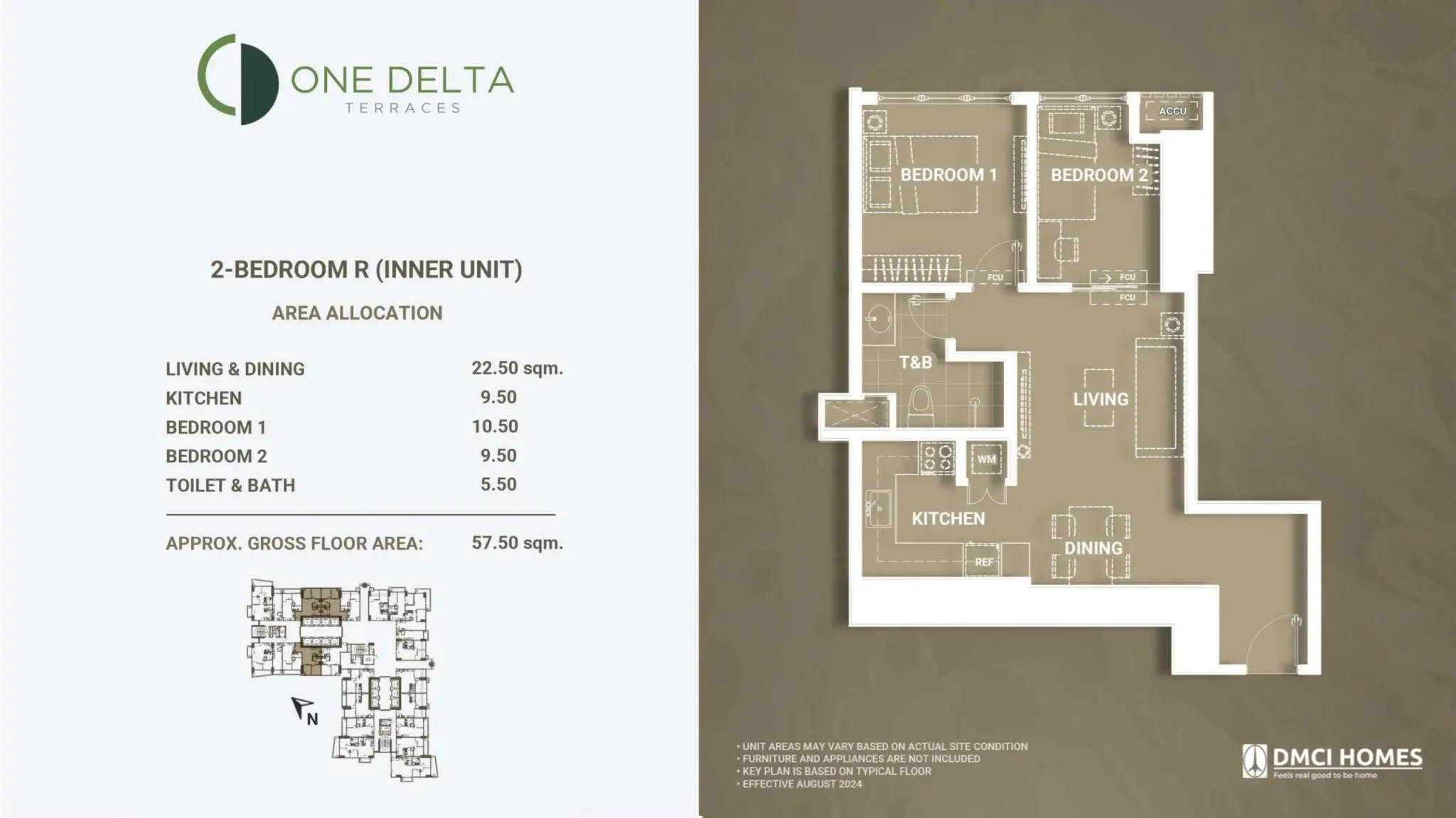 Floor plan of a 2-bedroom apartment with labeled rooms, kitchen, living/dining area, two bedrooms, bathroom, and details on area allocation and total square meters, alongside a site layout map and a logo of One Delta Terraces.