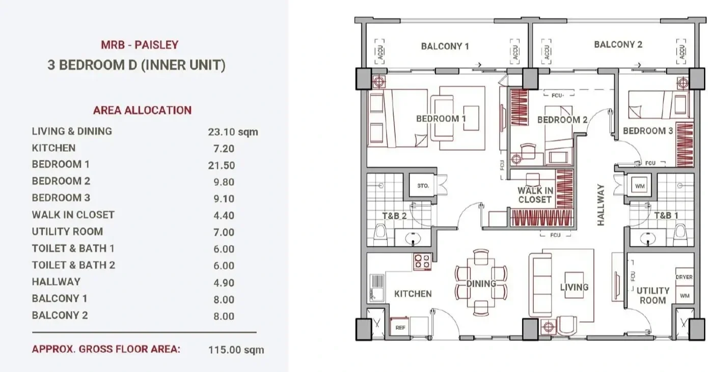 Floor plan of a 3-bedroom inner unit apartment with labeled areas including living and dining room, kitchen, three bedrooms, walk-in closet, utility room, two bathrooms, hallway, and two balconies.
