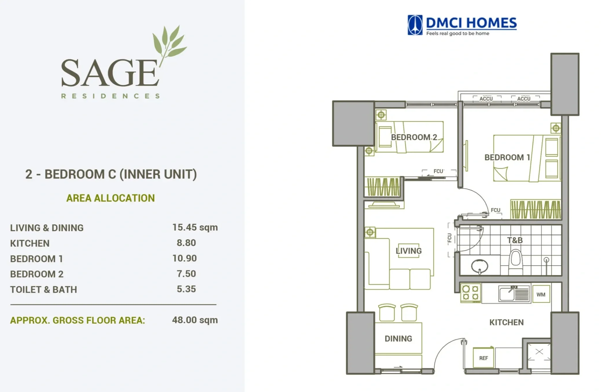 Floor plan of a two-bedroom inner unit apartment with labeled areas for living, dining, kitchen, two bedrooms, and a bathroom, alongside a list of area measurements and total gross floor area.