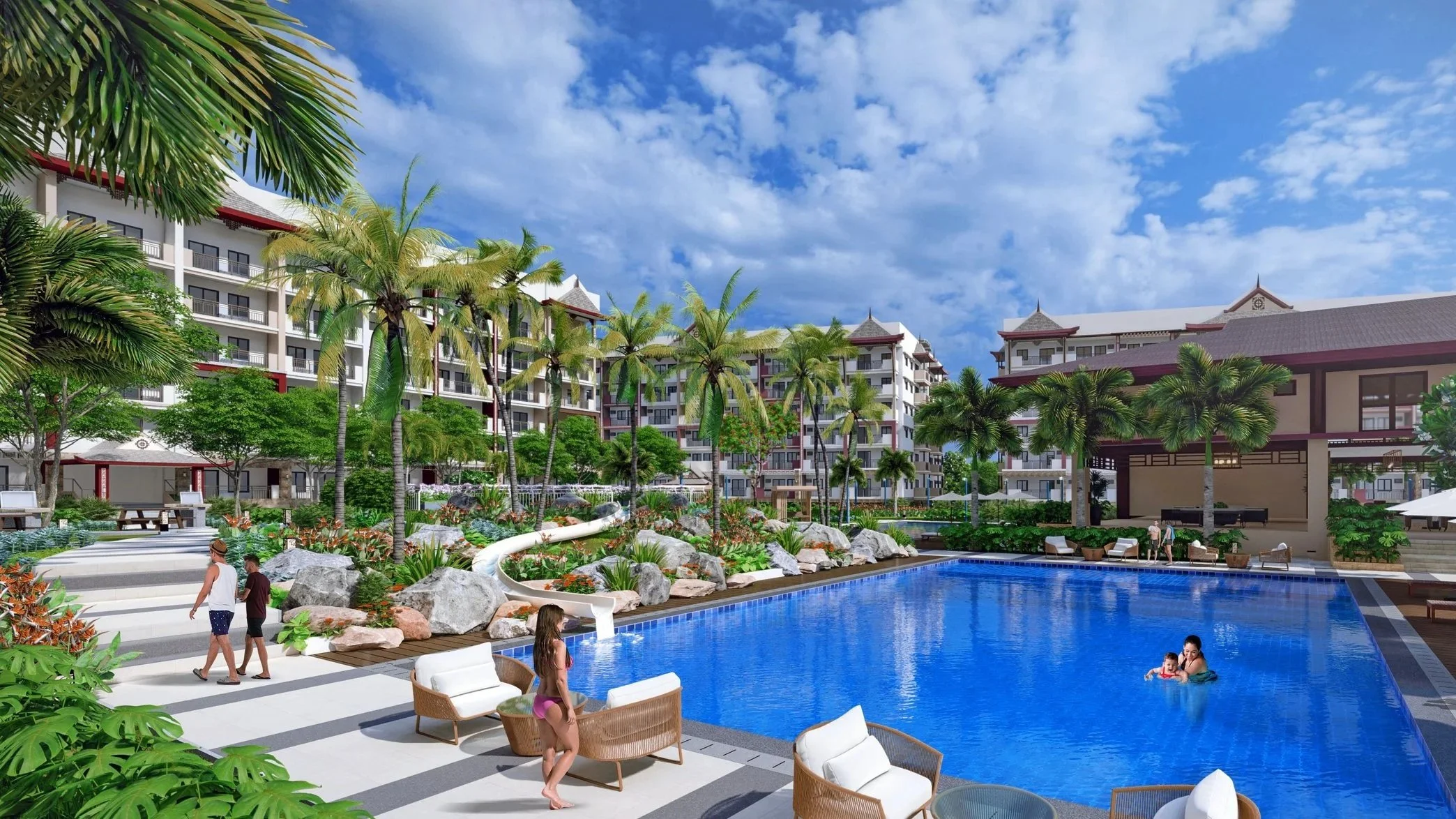 Luxury resort swimming pool area with lounge chairs, palm trees, and people swimming and relaxing, surrounded by tall resort buildings and lush greenery under a partly cloudy sky.