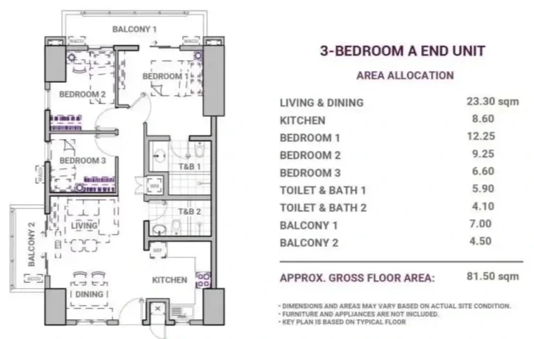 Floor plan of a 3-bedroom end unit apartment showing layout with three bedrooms, two bathrooms, a living/dining area, two balconies, and a kitchen.