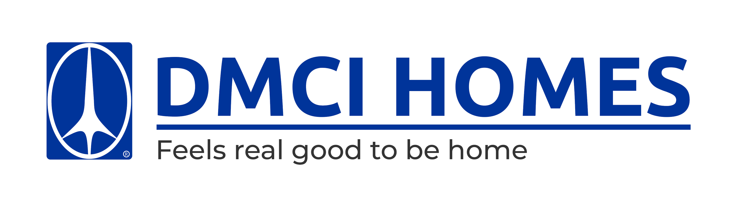 Logo of DMC Homes with a blue emblem of a house inside an oval, and the text "DMC Homes" in blue with the slogan "Feels real good to be home" underneath.