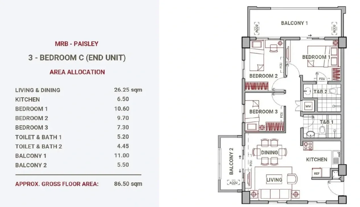 Floor plan of a three-bedroom end unit apartment, showing living and dining area, kitchen, three bedrooms, two bathrooms, and two balconies. The layout includes labeled spaces and area measurements.
