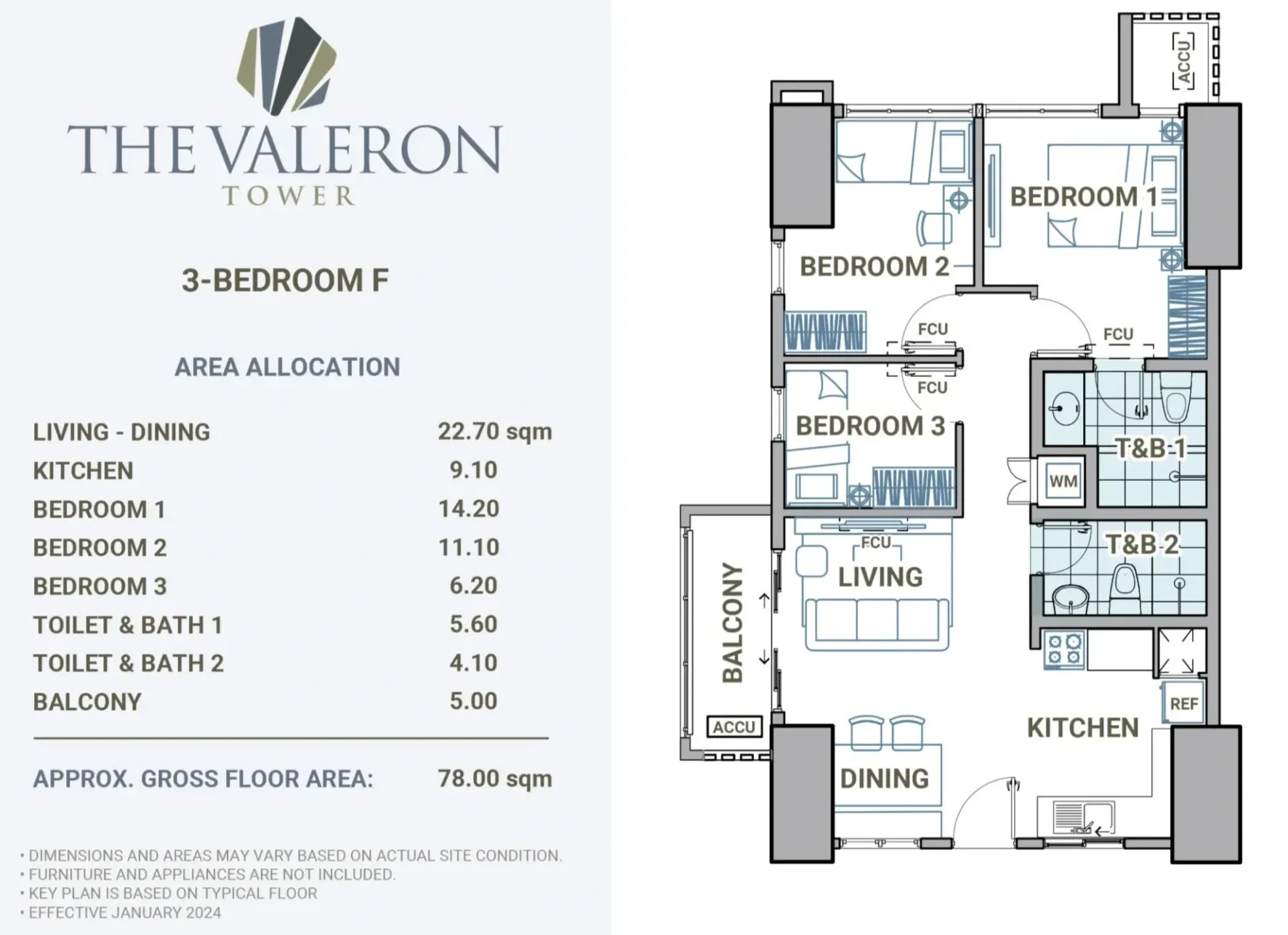Floor plan of a three-bedroom apartment layout in The Valeron Tower, with labels for rooms including living, dining, kitchen, three bedrooms, two bathrooms, balcony, and details about room sizes and area allocation.