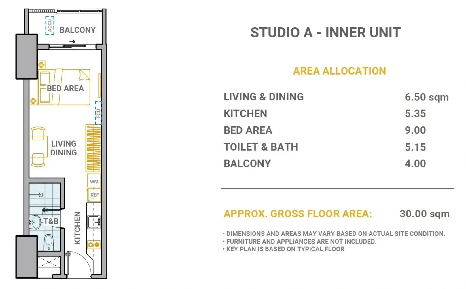 Floor plan of a studio apartment labeled 'STUDIO A - INNER UNIT', showing areas for living and dining, kitchen, bedroom, toilet and bath, and balcony, with area sizes listed for each space.