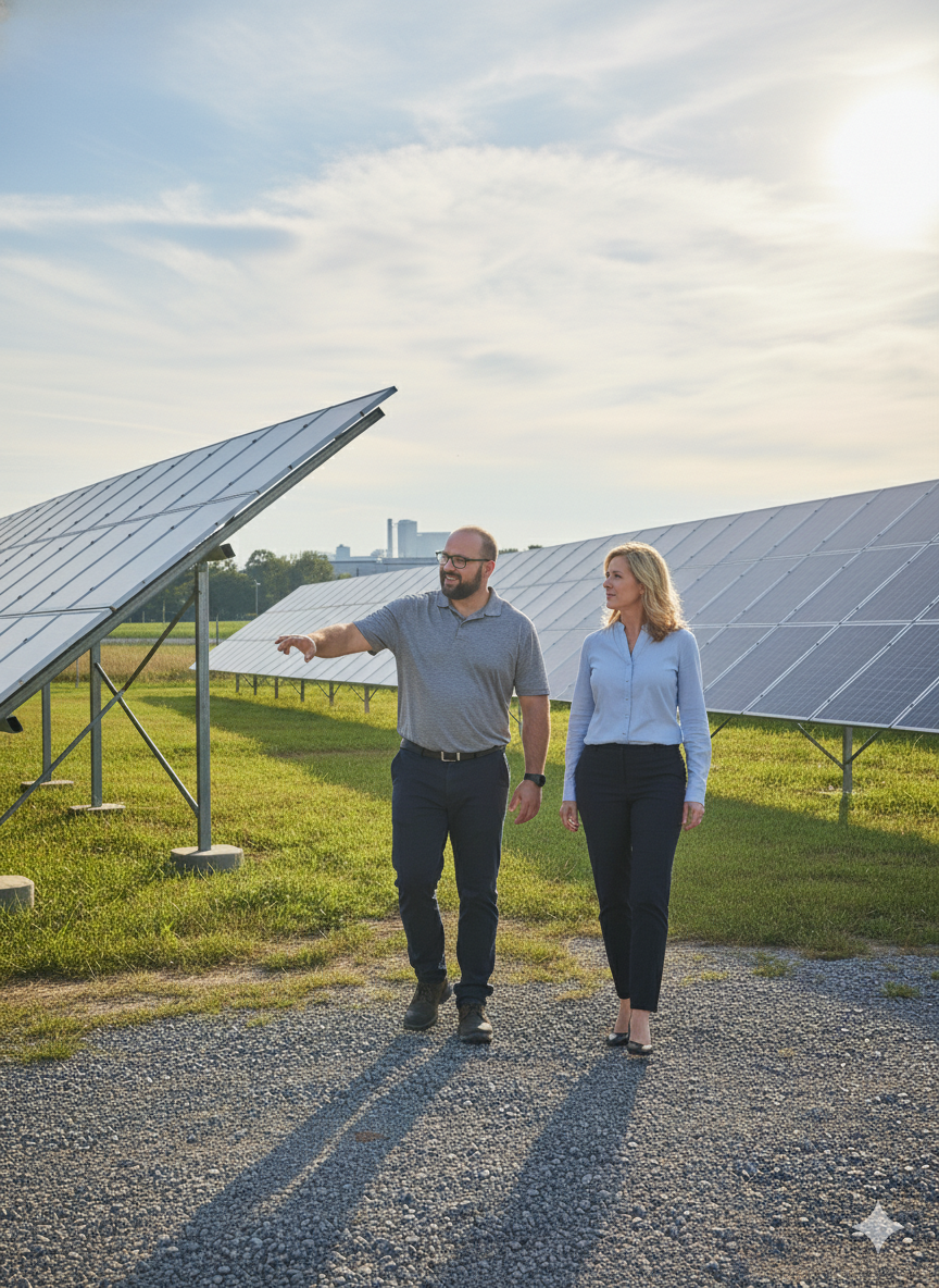 A man and a woman walk and talk through a solar panel farm under a partly cloudy sky, with sunlight casting long shadows.