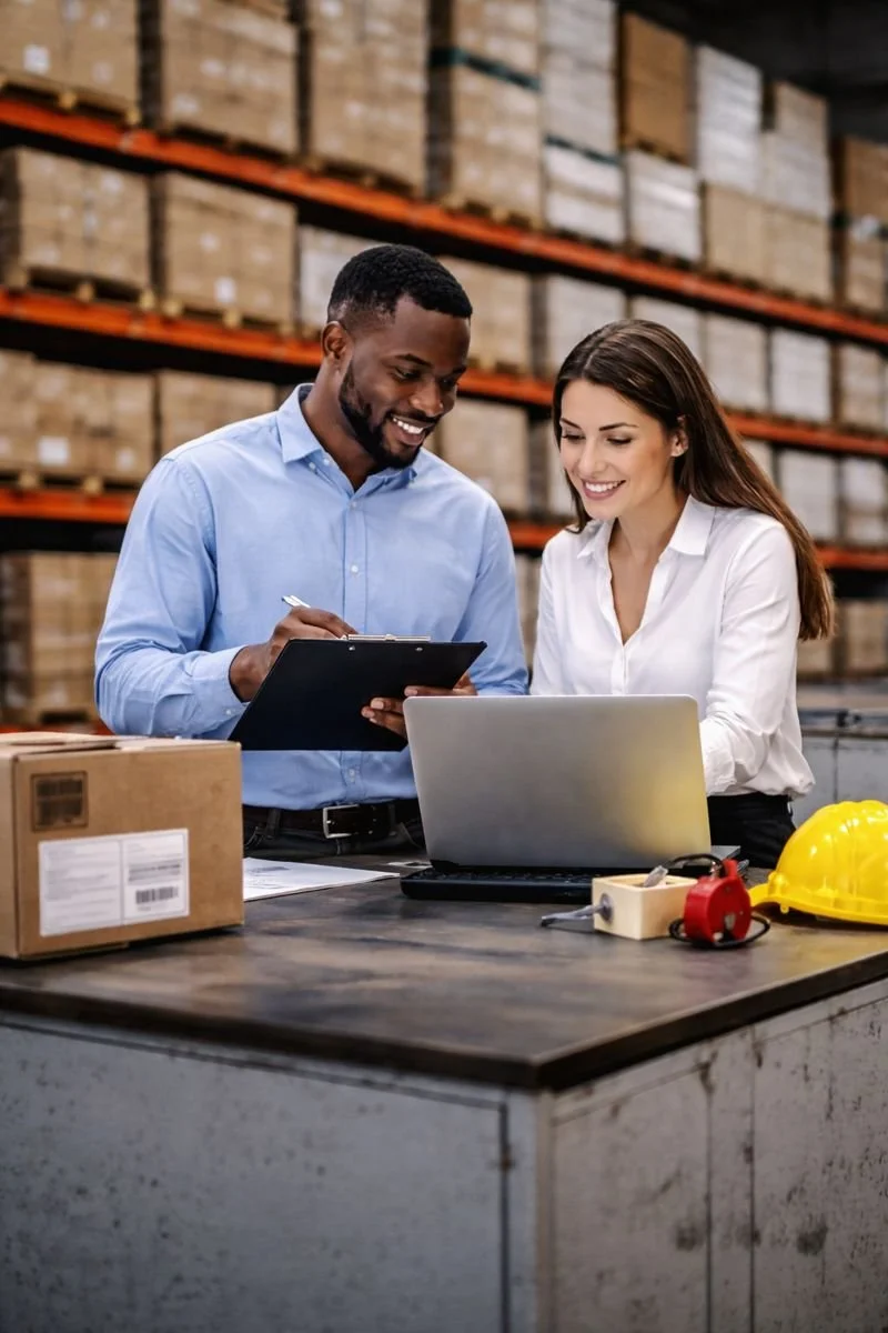 A man and woman working together in a warehouse, looking at a clipboard and laptop, with shelves of boxes in the background and safety gear on the table.