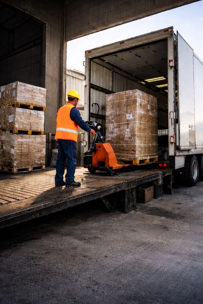 A worker in a yellow hard hat and orange safety vest operating a pallet jack to unload pallets of boxes from a truck at a loading dock.