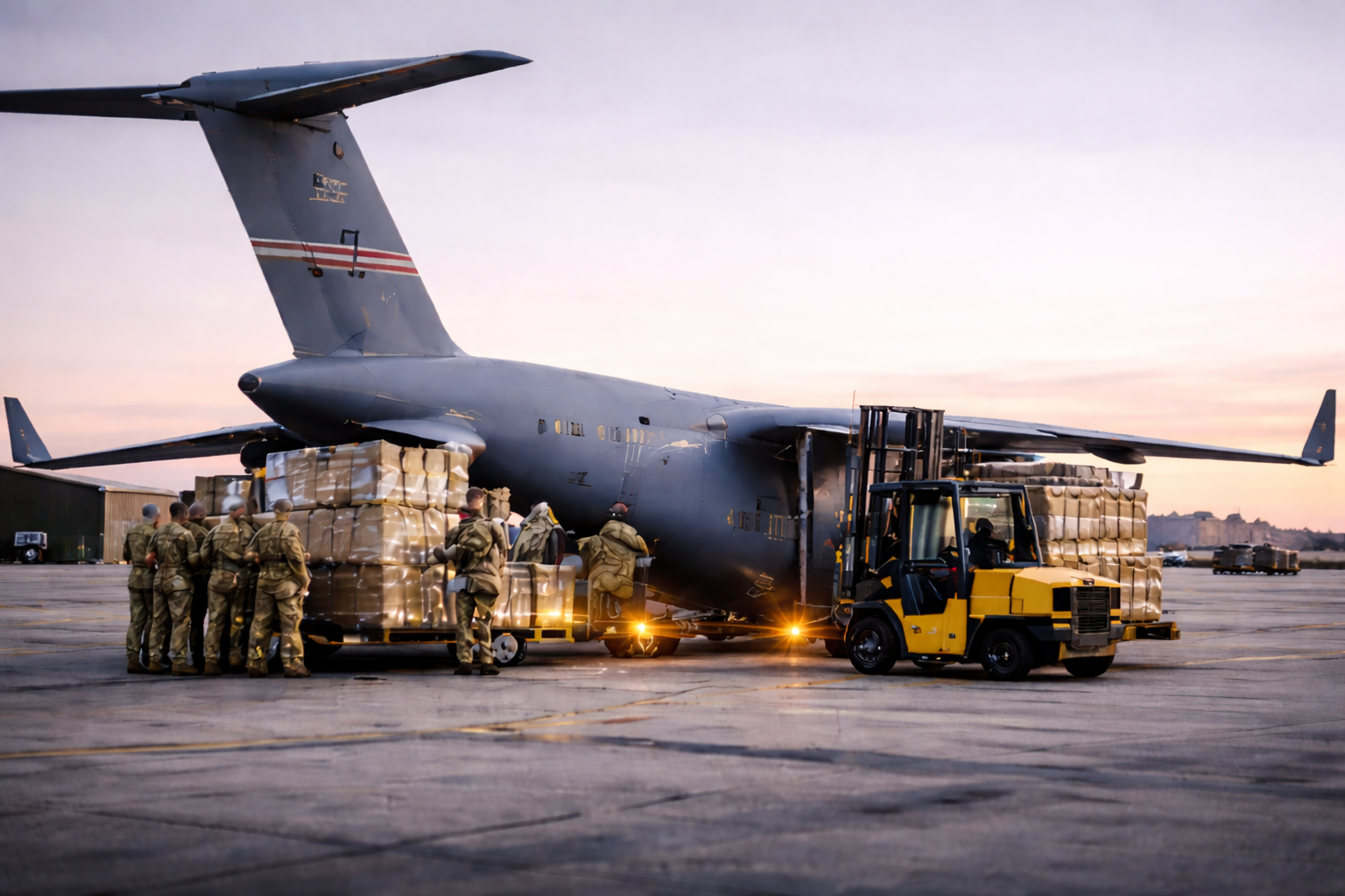 Military personnel loading cargo onto a large military cargo plane at sunset on an airstrip.
