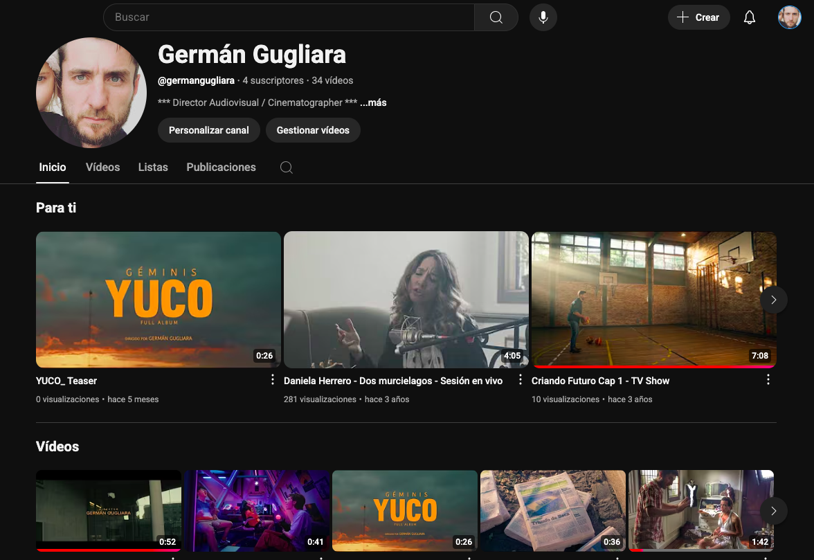 Screenshot of German Guglaira's YouTube channel homepage with profile picture, channel name, subscribes, and videos section, showing various video thumbnails.