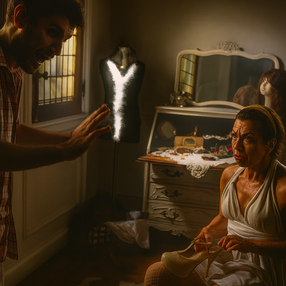 A man with curly hair and a beard appears to be giving a high five or stop gesture to a woman holding a high-heeled shoe, in a vintage-style room with a white dresser, a mannequin bust, and a mirror. The woman looks calm and serious.