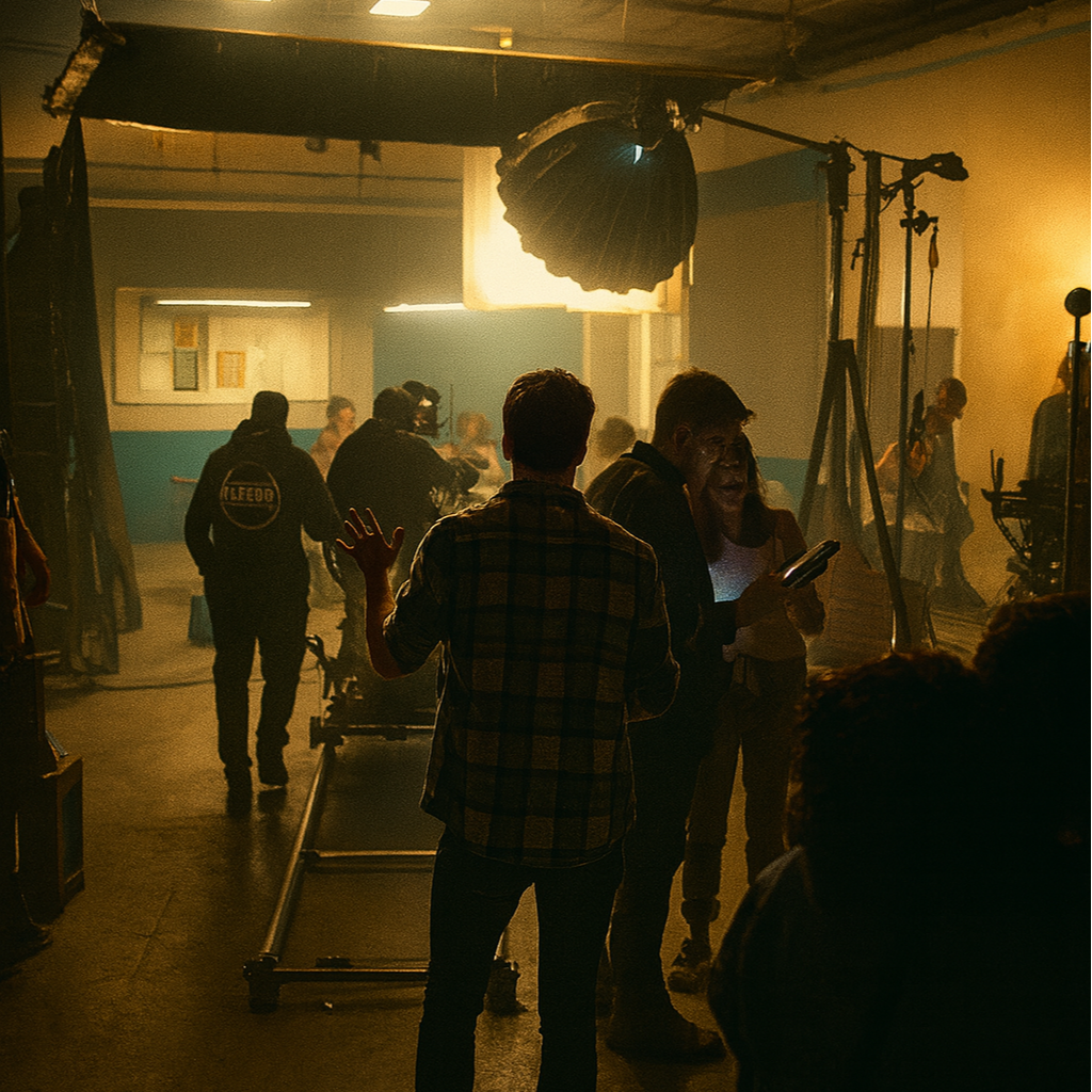 People on a film or television set, with crew members and equipment, under studio lighting.