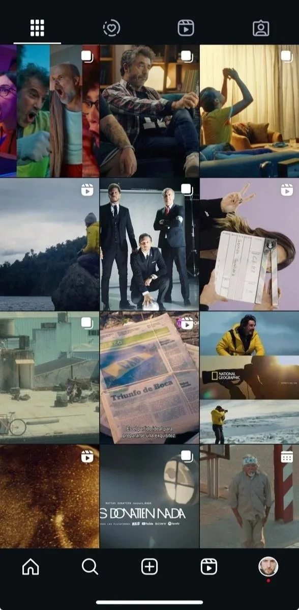 Screenshot of a social media app showing a grid of various photos and videos, including people, nature scenes, and media content.