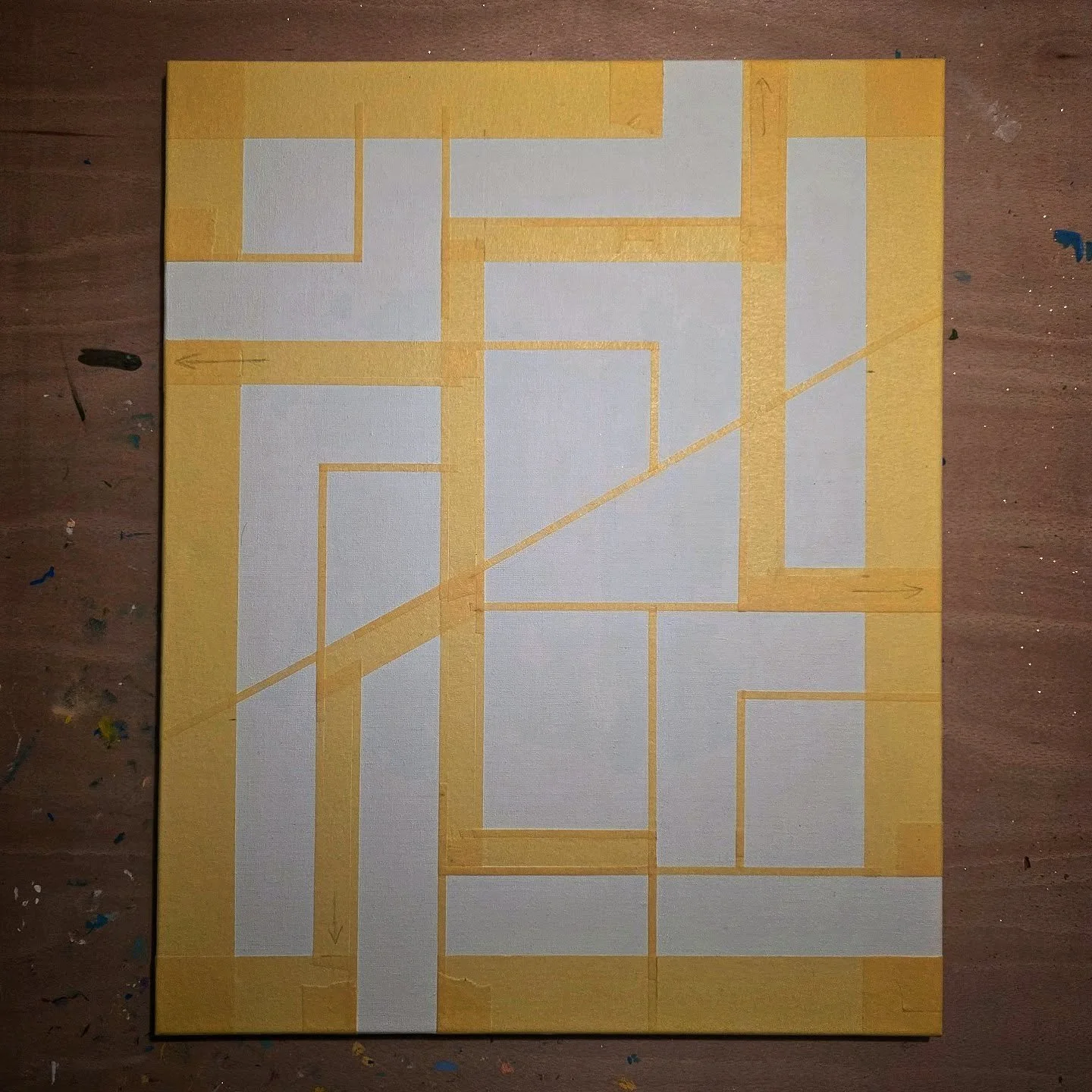 An evening if taping for another piece - bit of priming &amp; we're all set to add some colour! 🌈
&bull;
40x50cm
&bull;
#tombatesart #newartist #artist #abstractart #abstractpainting #contemporaryabstractart #mixedmediaart #goldleafart #geometricart