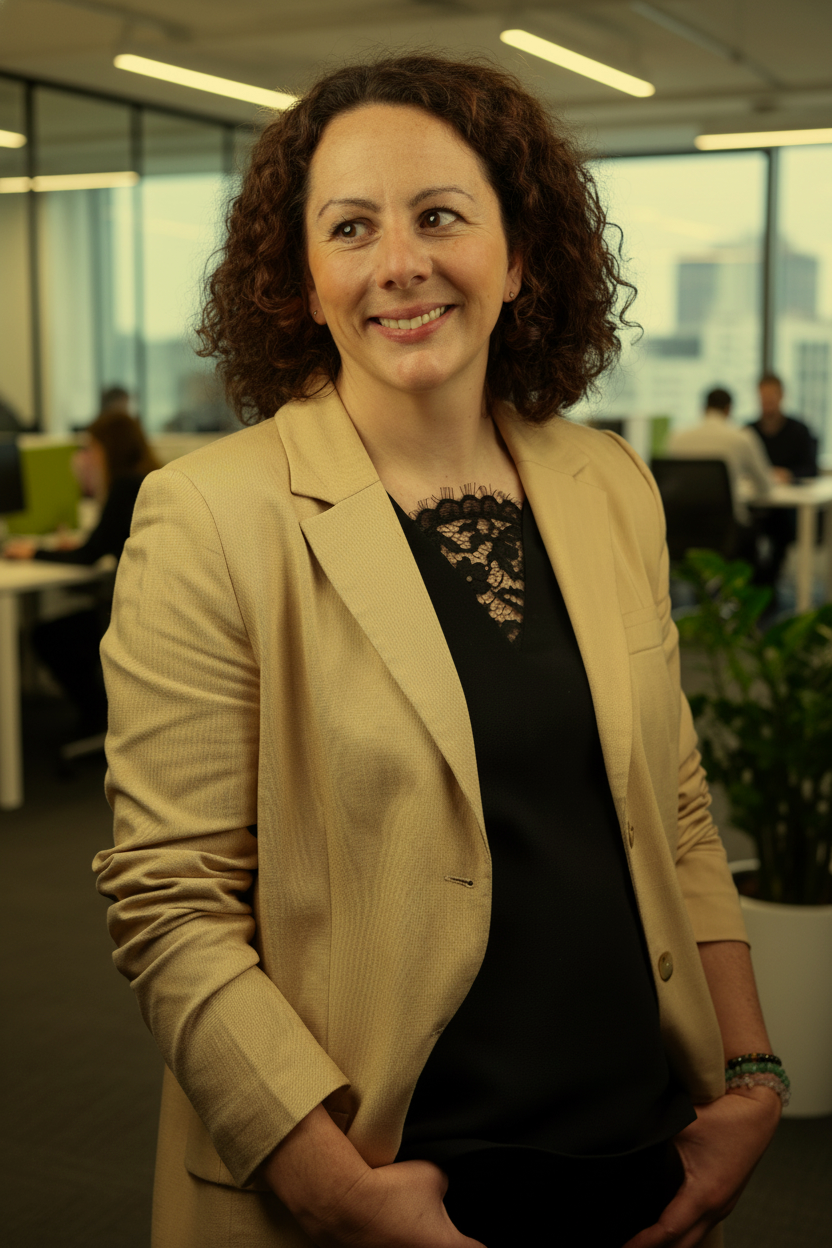 A woman with curly brown hair wearing a beige blazer and black lace blouse, smiling in an office setting with large windows and people working in the background.