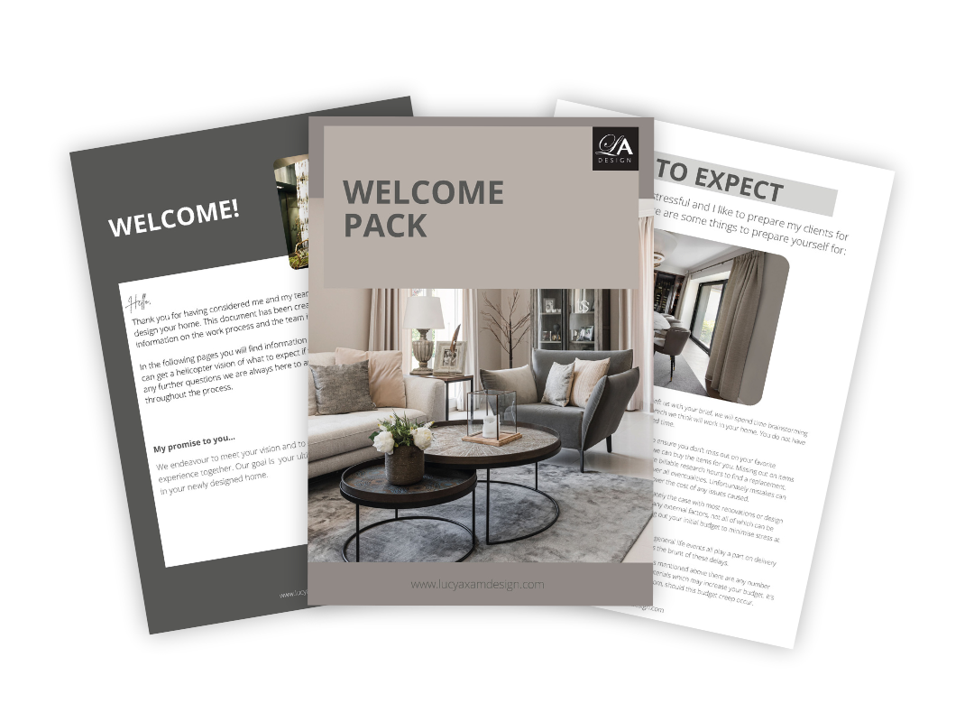 Three interior design welcome guides or packets with images of a modern living room, featuring neutral-colored sofas, a round coffee table, and decorative accessories.