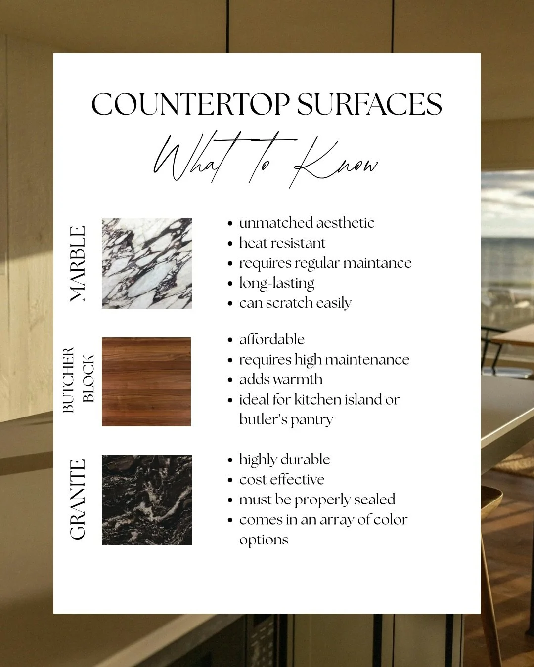 After we gather all the visual inspiration our clients love for their projects, practicality comes into play. Countertops can make or break the aesthetic of your space, but you want to make sure that whatever countertop you select is practical &amp; 