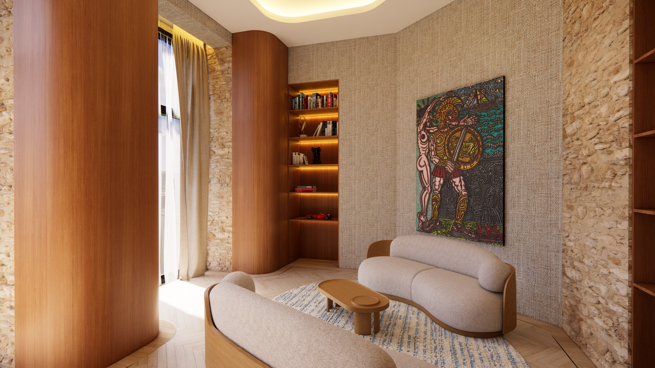 Salon contemporain avec mur en pierre, bibliothèque en bois intégrée, canapé beige et tableau coloré sur le mur.