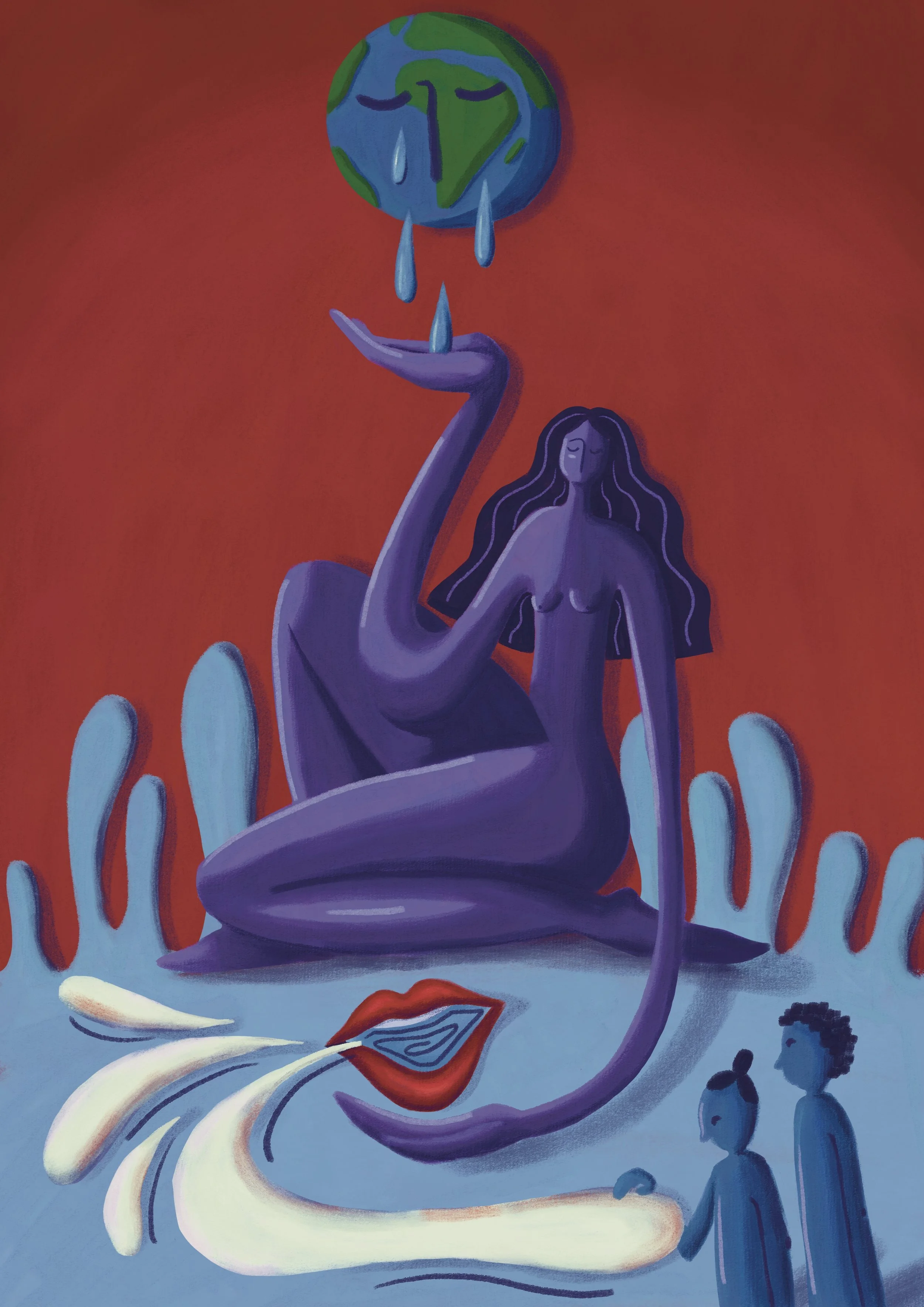 Paarse vrouw die tranen van de aarde opvangt en via een mond communiceert met twee mensen